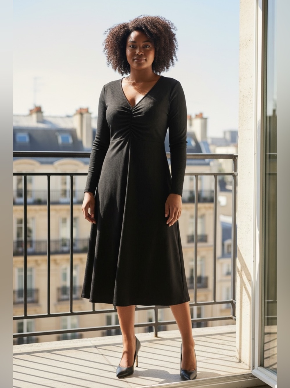 Penningtons, Black Midi Dress Rib Knit V-Neck Ruched Front, 1X Plus Size
